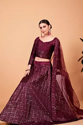 Wine embroidered silk semi stitched lehenga