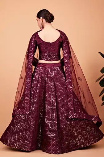Wine embroidered silk semi stitched lehenga