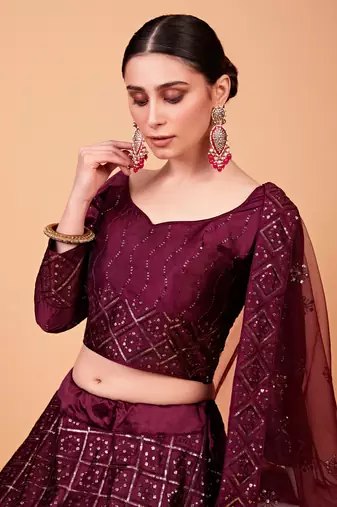 Wine embroidered silk semi stitched lehenga