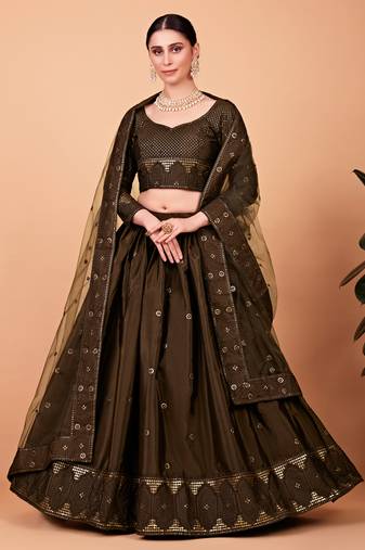 Mehendi embroidered silk semi stitched lehenga