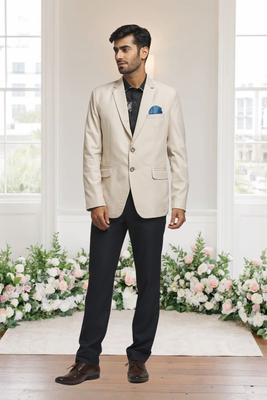 Cream jacquard plain solid full sleeve blazer for men 2