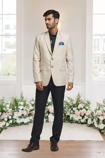 Cream jacquard plain solid full sleeve blazer for men