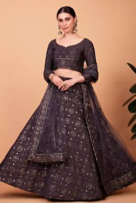 Grey embroidered silk semi stitched lehenga 1