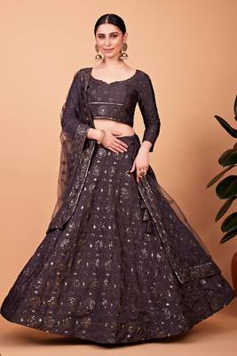 Grey embroidered silk semi stitched lehenga 2