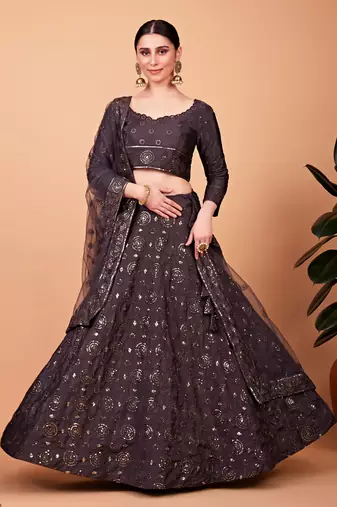 Grey embroidered silk semi stitched lehenga