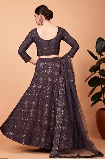 Grey embroidered silk semi stitched lehenga