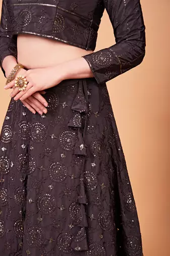 Grey embroidered silk semi stitched lehenga