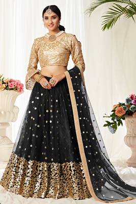 Black embroidered net semi stitched lehenga 1