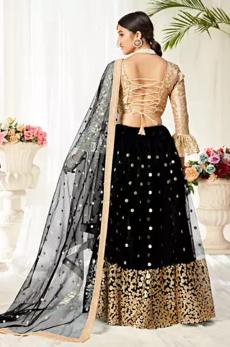 Black embroidered net semi stitched lehenga