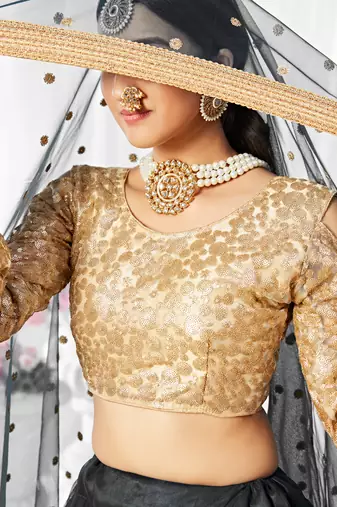 Black embroidered net semi stitched lehenga