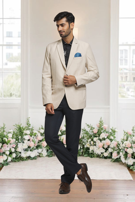 Cream jacquard plain solid full sleeve blazer for men 1