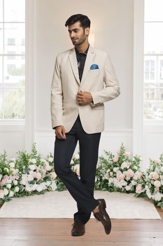 Cream jacquard plain solid full sleeve blazer for men