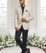 Cream jacquard plain solid full sleeve blazer for men