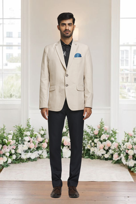 Cream jacquard plain solid full sleeve blazer for men 2