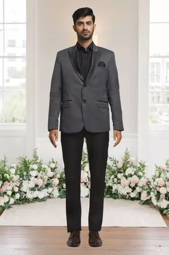 Grey jacquard plain solid full sleeve blazer for men