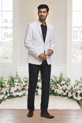 White jacquard plain solid full sleeve blazer for men 1