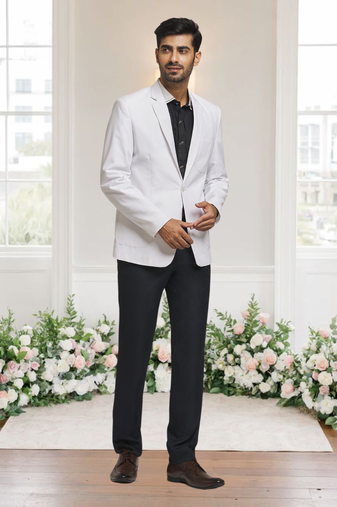 White jacquard plain solid full sleeve blazer for men