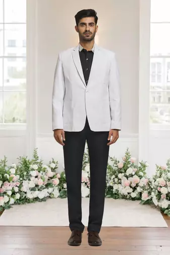 White jacquard plain solid full sleeve blazer for men