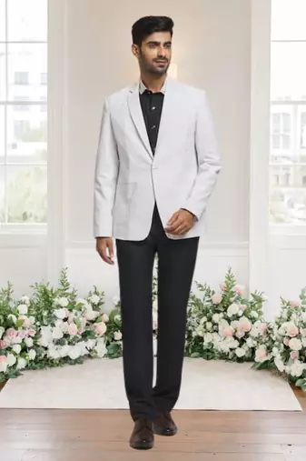 White jacquard plain solid full sleeve blazer for men