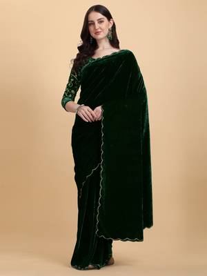 Avsar Trendz Embroidered Bollywood Green Velvet Saree 2