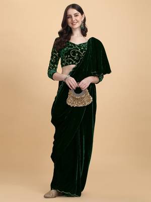 Avsar Trendz Embroidered Bollywood Green Velvet Saree 3