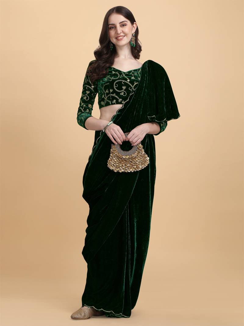 Avsar Trendz Embroidered Bollywood Green Velvet Saree