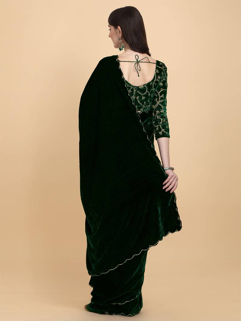 Avsar Trendz Embroidered Bollywood Green Velvet Saree