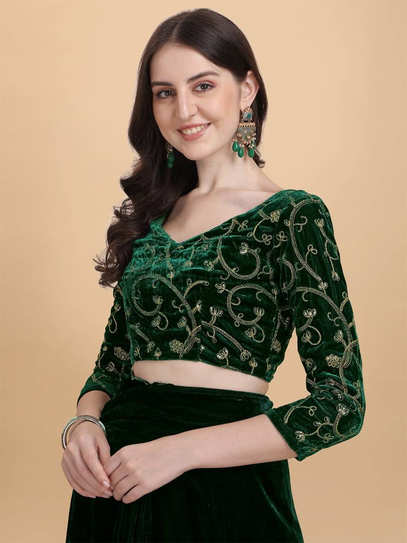 Avsar Trendz Embroidered Bollywood Green Velvet Saree