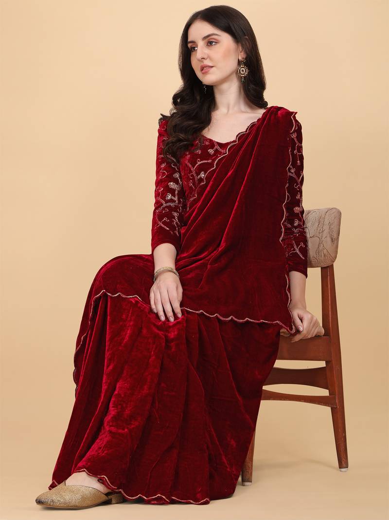 Avsar Trendz Embroidered Bollywood Maroon Velvet Saree