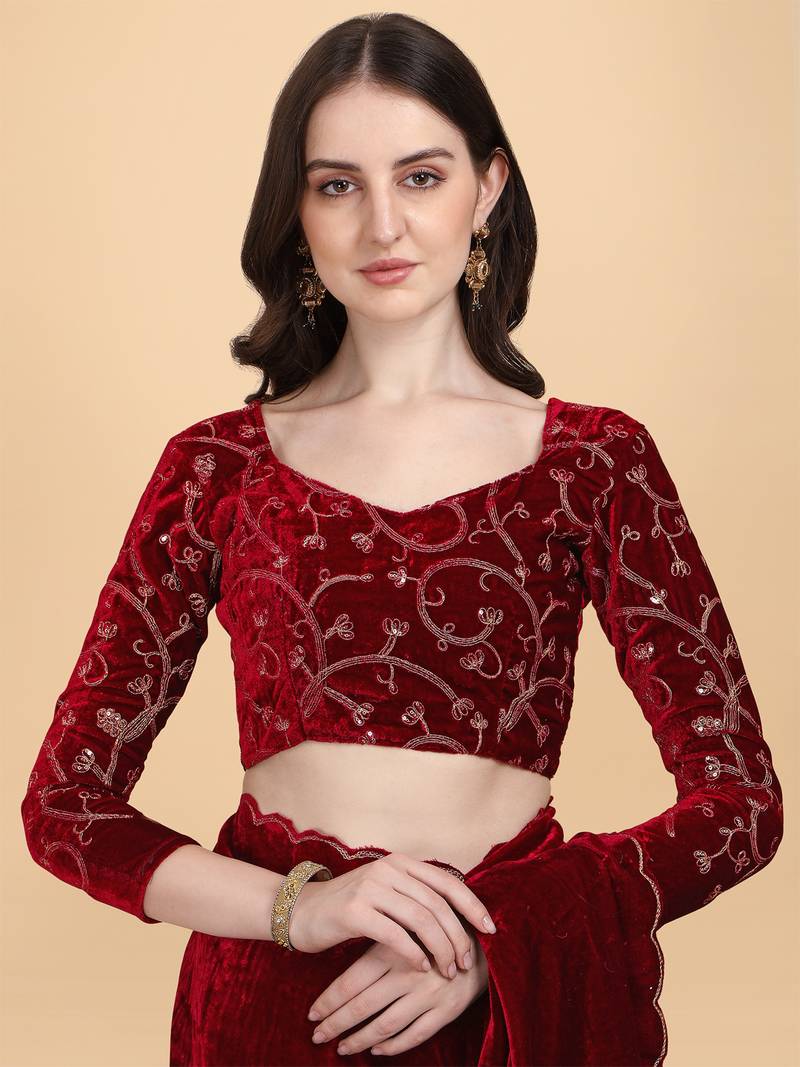 Avsar Trendz Embroidered Bollywood Maroon Velvet Saree