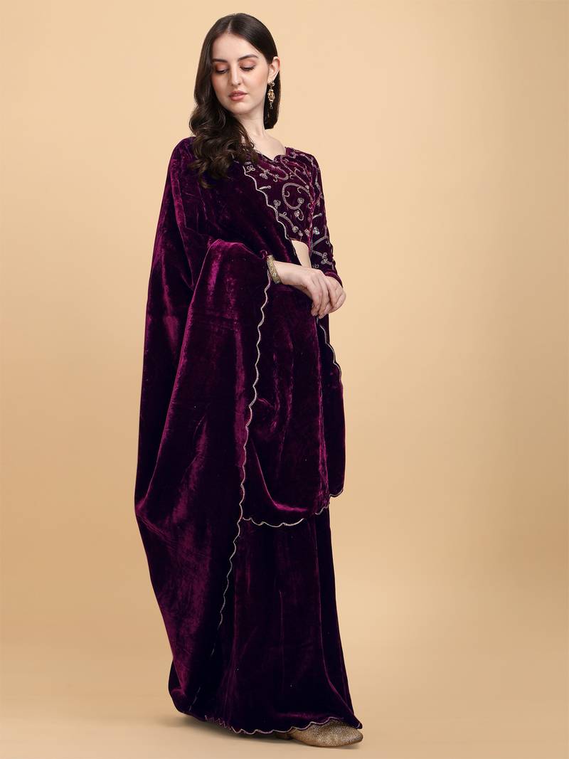 Avsar Trendz Velvet Thread Embroidered Purple Saree with Blouse