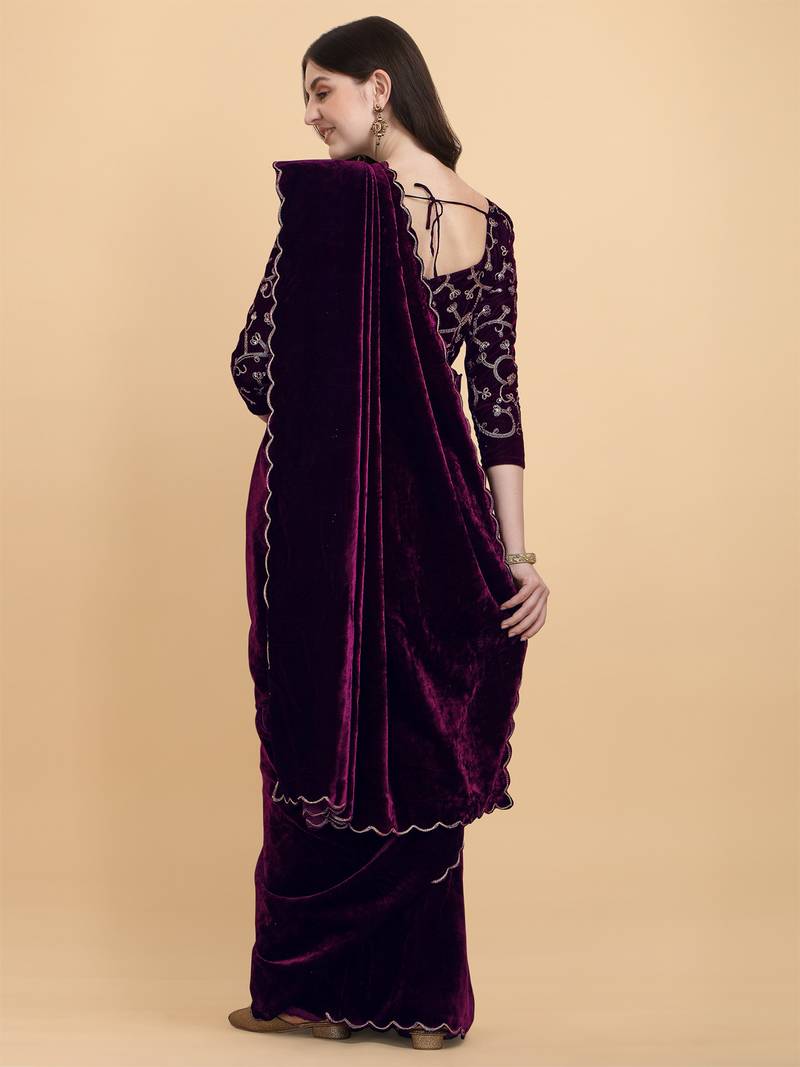 Avsar Trendz Velvet Thread Embroidered Purple Saree with Blouse