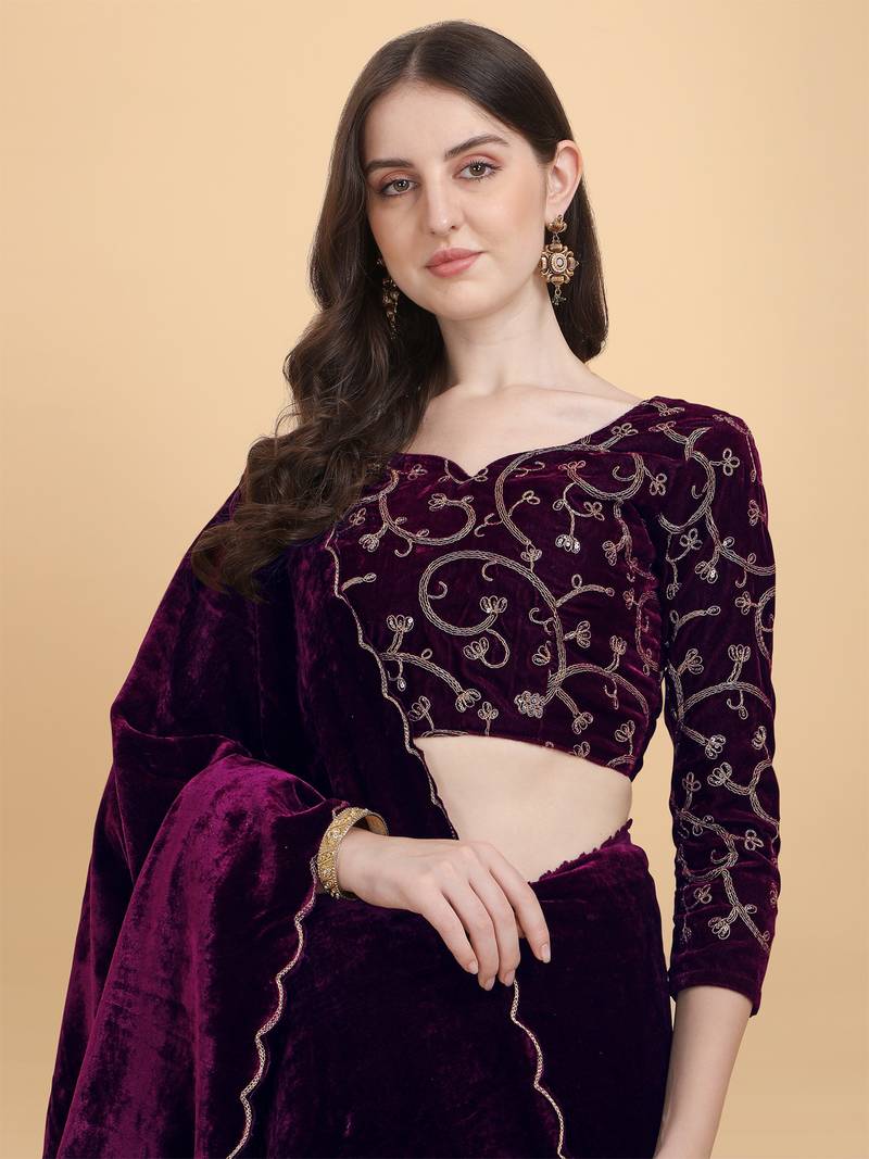 Avsar Trendz Velvet Thread Embroidered Purple Saree with Blouse