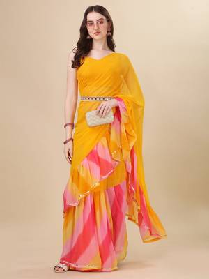 Avsar Trendz Printed Leheria Georgette Saree  (Yellow) 1