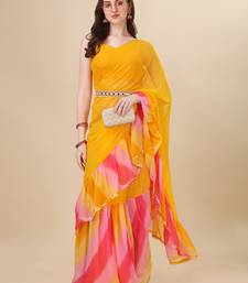 Avsar Trendz Printed Leheria Georgette Saree  (Yellow)