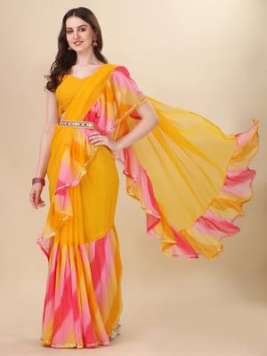 Avsar Trendz Printed Leheria Georgette Saree  (Yellow) 2