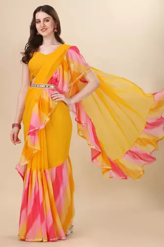 Avsar Trendz Printed Leheria Georgette Saree  (Yellow)