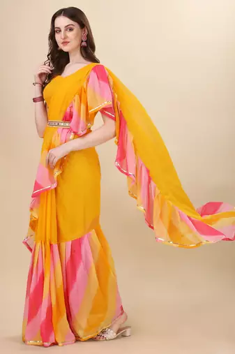 Avsar Trendz Printed Leheria Georgette Saree  (Yellow)