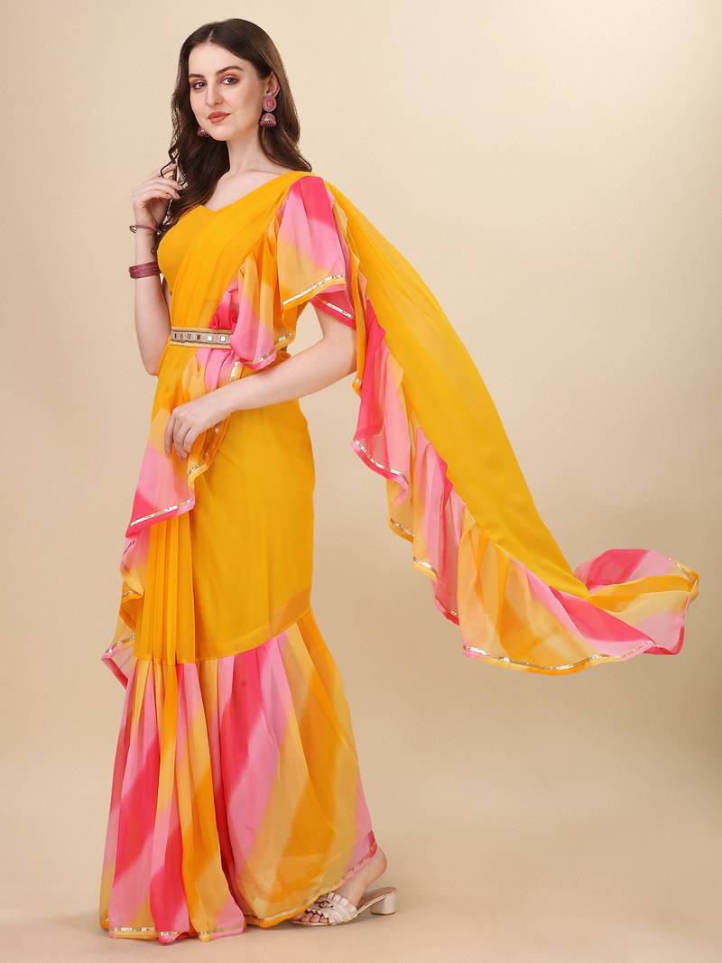 Avsar Trendz Printed Leheria Georgette Saree  (Yellow)