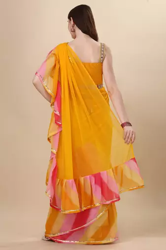 Avsar Trendz Printed Leheria Georgette Saree  (Yellow)