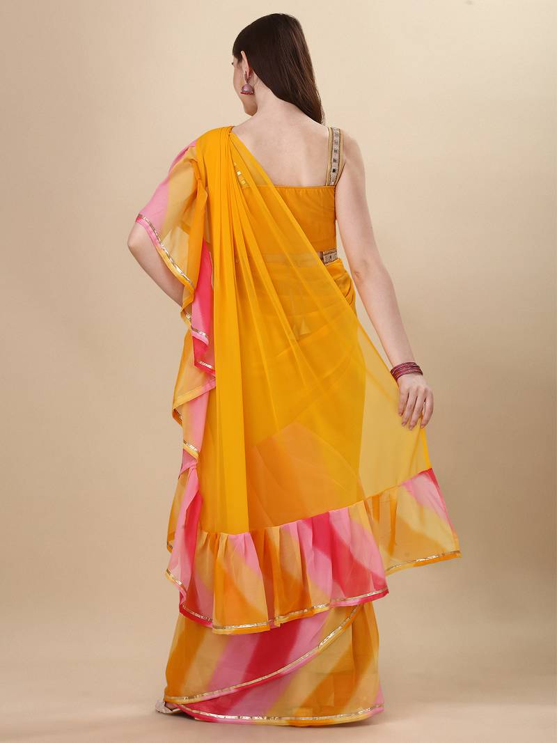 Avsar Trendz Printed Leheria Georgette Saree  (Yellow)