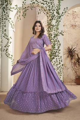 Purple Color Thread & Sequins Embroidery Work  Georgette Lehenga Choli For Festival 2