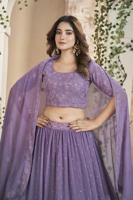 Purple Color Thread & Sequins Embroidery Work  Georgette Lehenga Choli For Festival 4