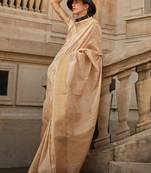 Light Cream Khadi Silk Handloom Weaving Saree With Blouse For Women