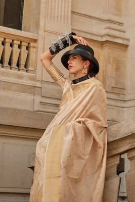 Light Cream Khadi Silk Handloom Weaving Saree With Blouse For Women 3