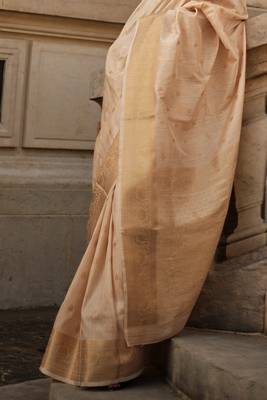 Light Cream Khadi Silk Handloom Weaving Saree With Blouse For Women 4