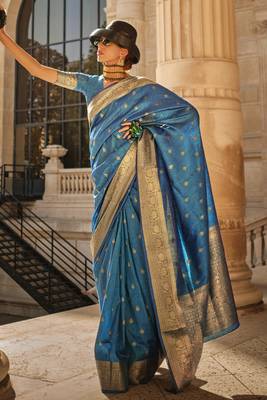 Blue Khadi Silk Handloom Weaving Saree With Blouse For Women 1