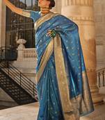 Blue Khadi Silk Handloom Weaving Saree With Blouse For Women