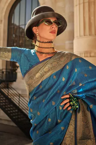 Blue Khadi Silk Handloom Weaving Saree With Blouse For Women