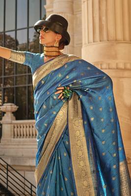 Blue Khadi Silk Handloom Weaving Saree With Blouse For Women 3